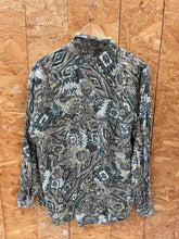 Vintage 90s ugly abstract grungy green brown paisley pattern long sleeve viscose shirt size large by
